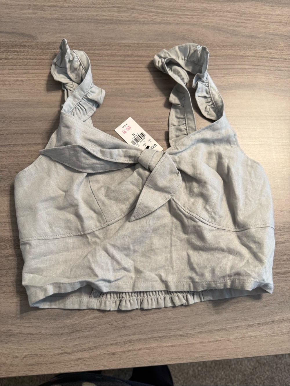 Express Light Blue Tie-Front Crop Top with Ruffled Straps